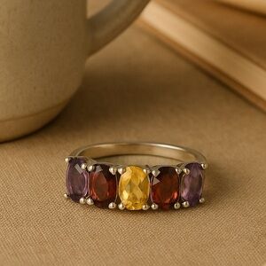 Five Stone Oval Natural Gemstone Garnet Citrine Amethyst 925 Silver EUC 8 #384
